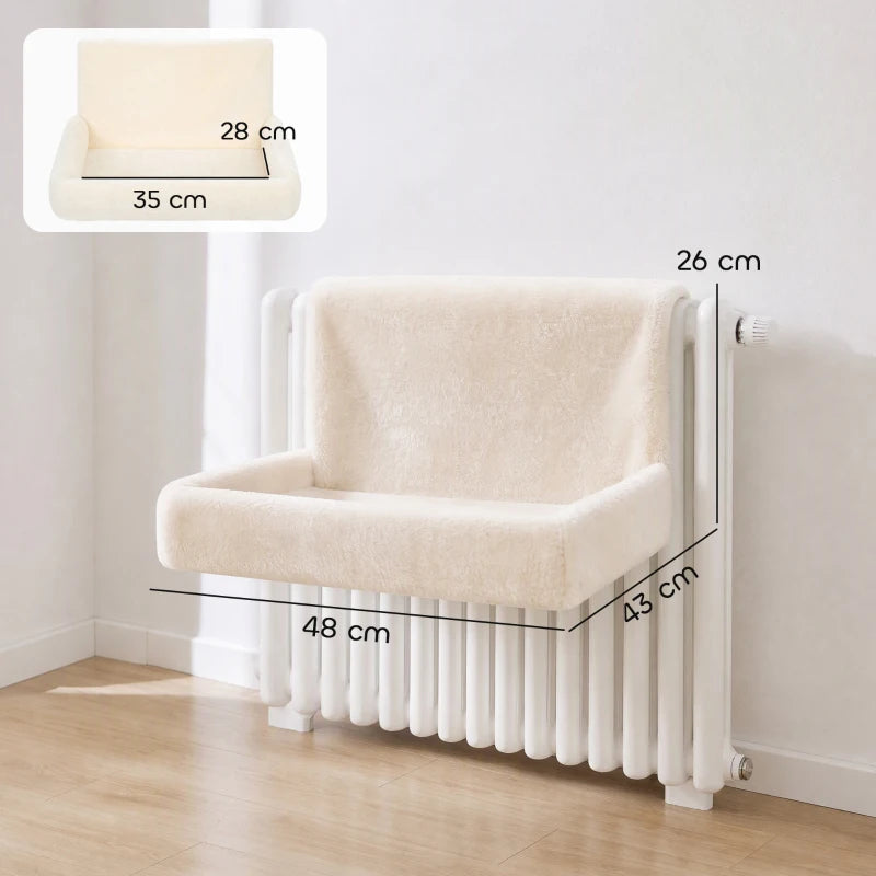 Cream cat radiator bed with foldable metal frame and plush padded cover