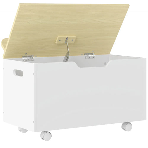 White toddler toy chest with hinged lid, safety hinges, and rolling casters