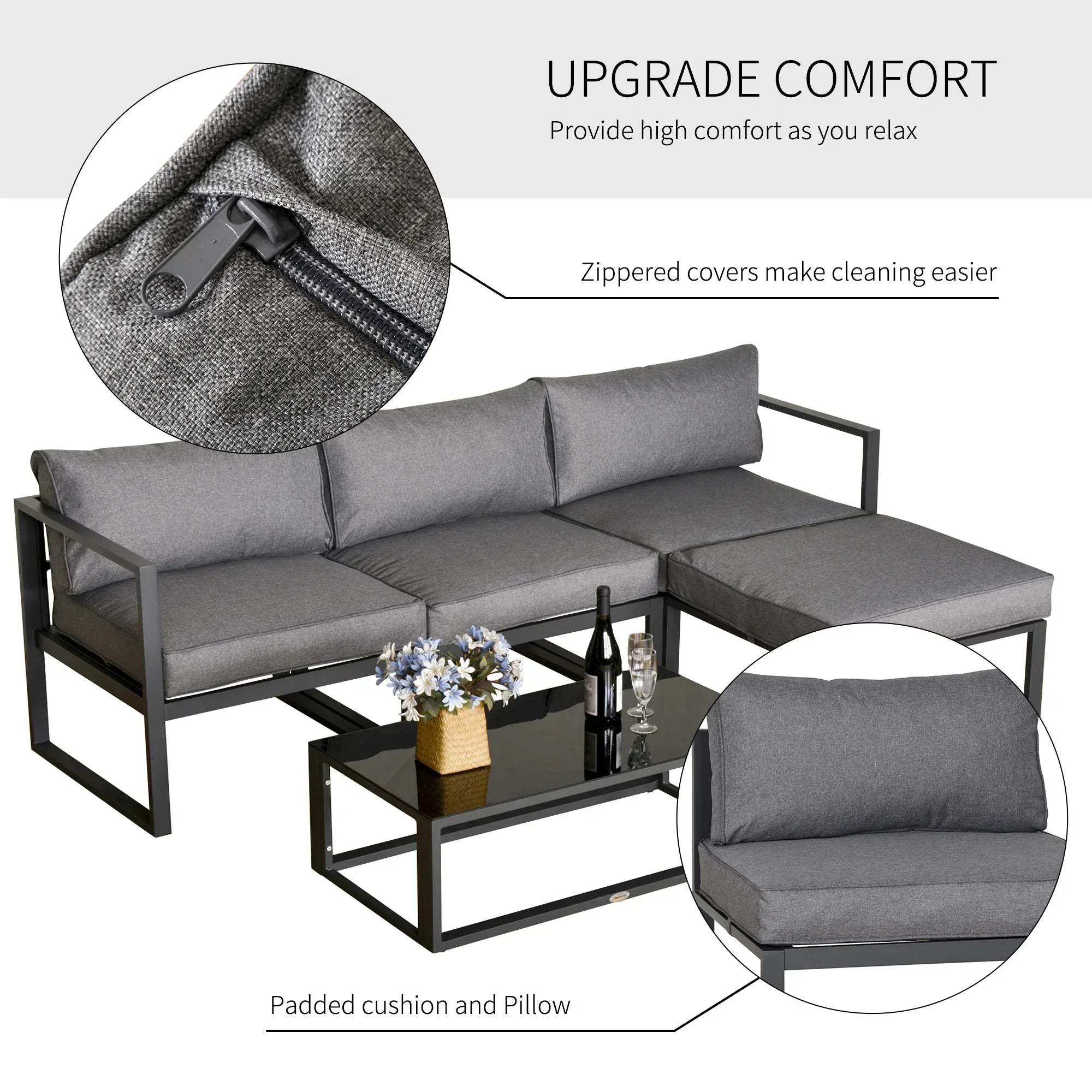 5 Pieces Outdoor Patio Furniture Set, Sofa Couch with Glass Coffee Table, Cushioned Chairs and Aluminum Tube, for Balcony Garden Backyard, Grey - Bobobiy