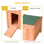 Wooden hutch with ramp and green asphalt roof panel, natural finish