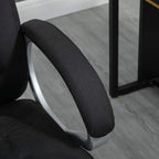 Black fabric armrest and side panel of an office chair with chrome support