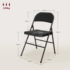 Black folding chair with padded backrest and seat, metal frame with size measures