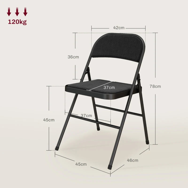 Black folding chair with padded backrest and seat, metal frame with size measures