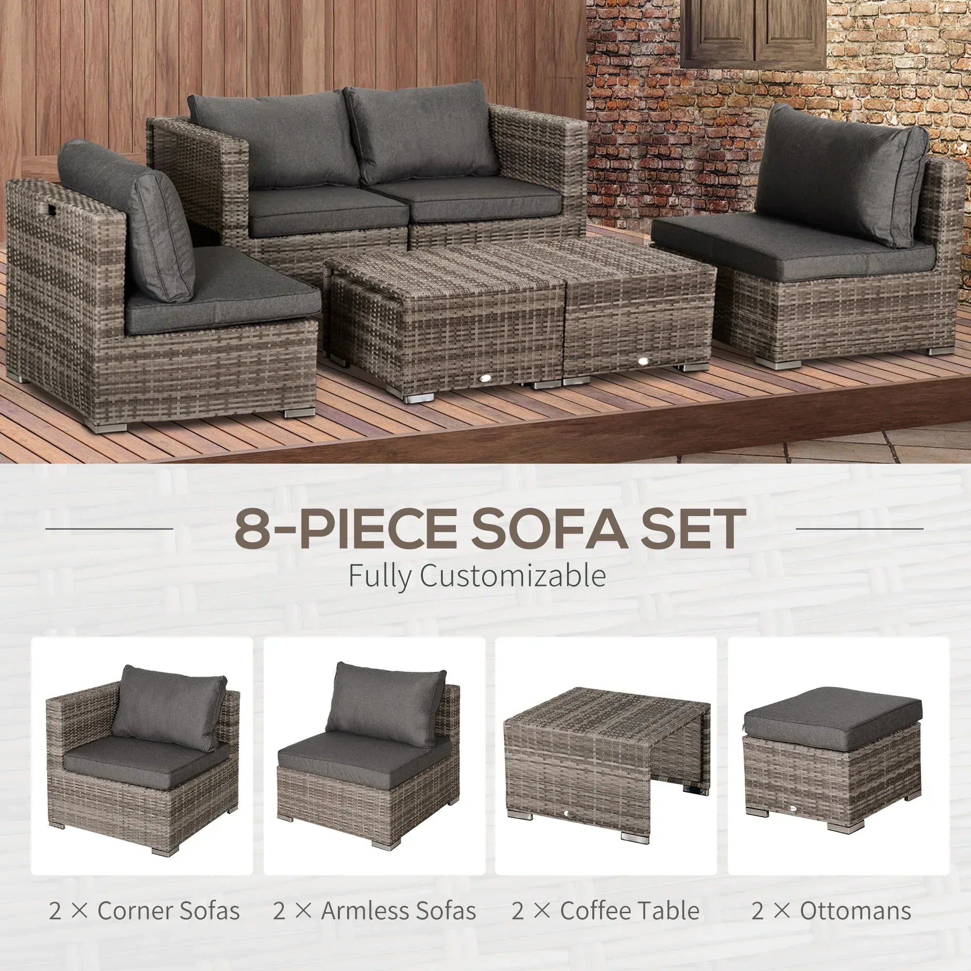 8 Pieces Rattan Garden Furniture Set, Garden Corner Sofa Set with 4 Chairs, 2 Footstools, 2 Coffee Tables and Cushions, Space-Saving Design, No Assembly Required, Grey - Bobobiy