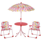 Kids bistro table and chairs set with butterfly umbrella, round red table and two fabric chairs