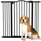 Black pressure-fit dog safety gate with vertical bars and arched top, open for pet