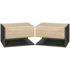 Wall-mounted floating bedside table set of 2 with oak-tone fronts, drawer and open shelf