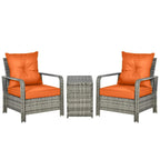 3-piece rattan bistro set with 2 gray wicker chairs and an orange-cushioned storage coffee table