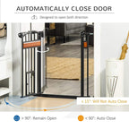 Black pet safety gate with auto-close feature, installed at doorway with flow arrows