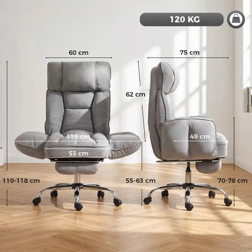 Grey upholstered office chair with reclining back, flip-up armrests, and footrest