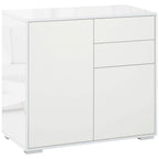 White high-gloss sideboard with framed doors and two drawers, push-open style