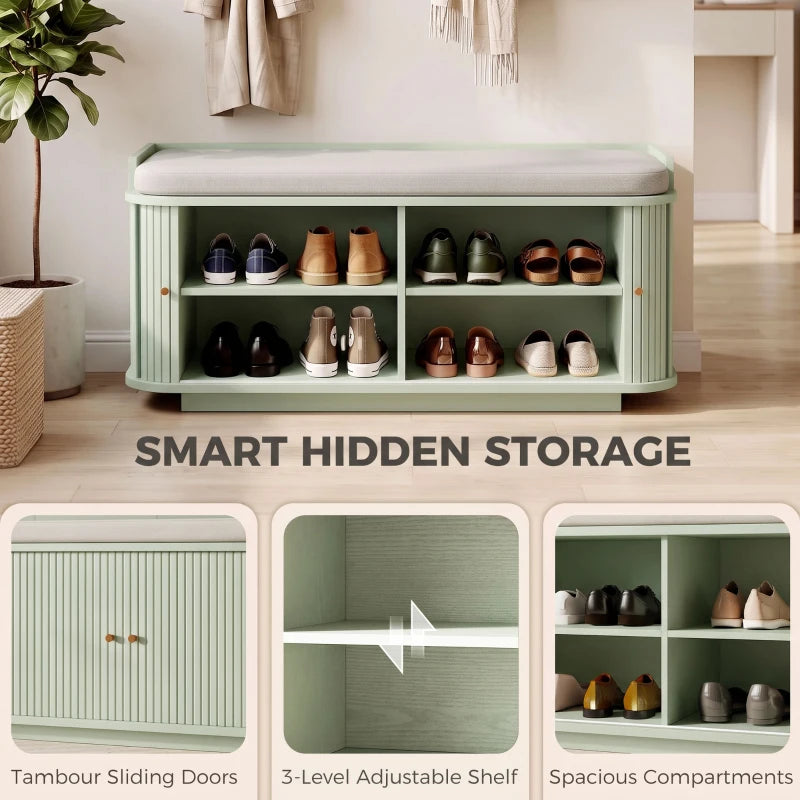 Light green shoe storage bench with open shelves and cabinet compartments