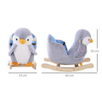 Plush penguin rocking horse shown from side view with curved wooden base and blue seat