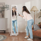 White standing jewelry cabinet with full-length mirror door