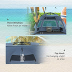 Light blue beach tent with multiple mesh windows and top hook for hanging