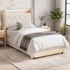 Cream single bed frame with tufted headboard, lit LED trim, and closed hydraulic storage