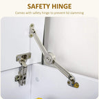 Close-up of safety hinge hardware on white flip-top storage chest lid.