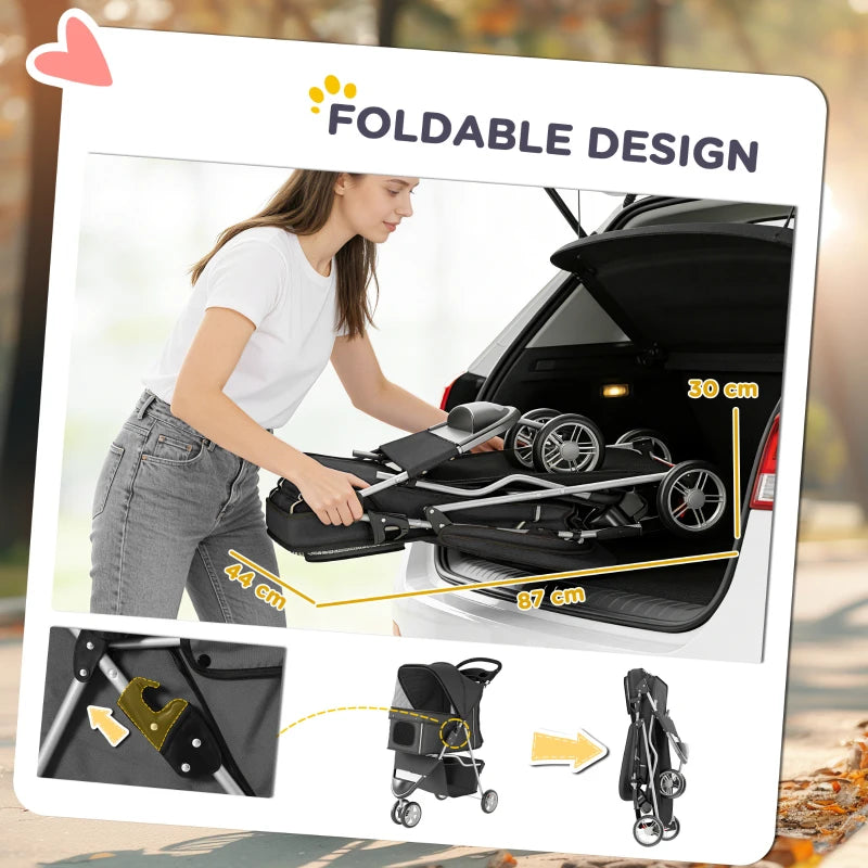 Foldable 3-wheel pet stroller with canopy shown open for compact storage