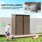 Brown corrugated steel garden shed with door and lean-to wall design