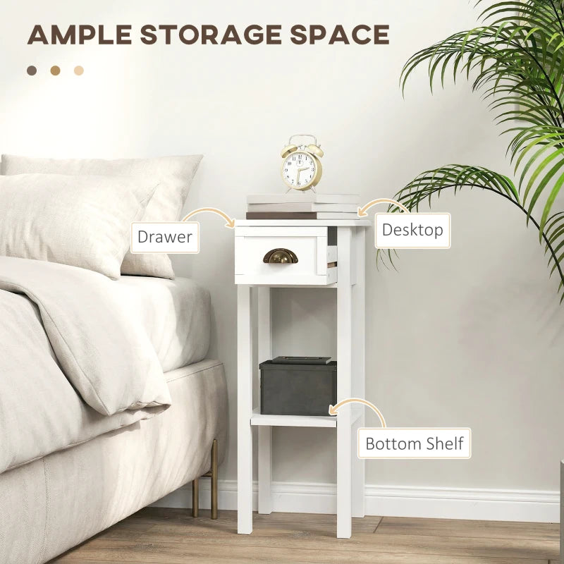 White bedside cabinet with drawer, bottom shelf, and top tabletop