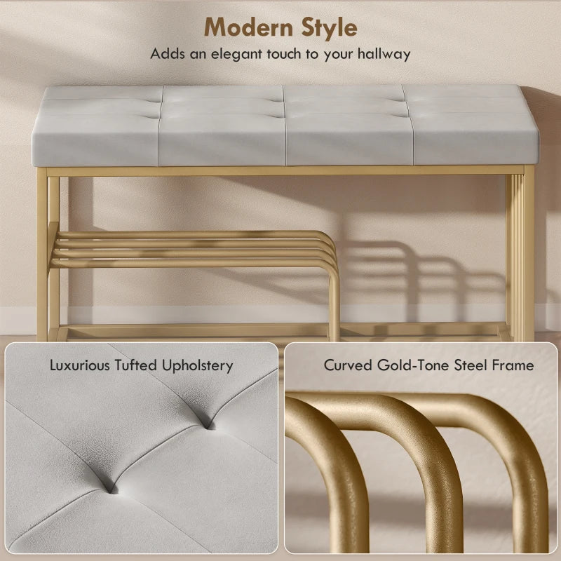 Grey tufted seat on shoe storage bench with curved gold-tone steel frame details