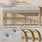 Grey tufted seat on shoe storage bench with curved gold-tone steel frame details