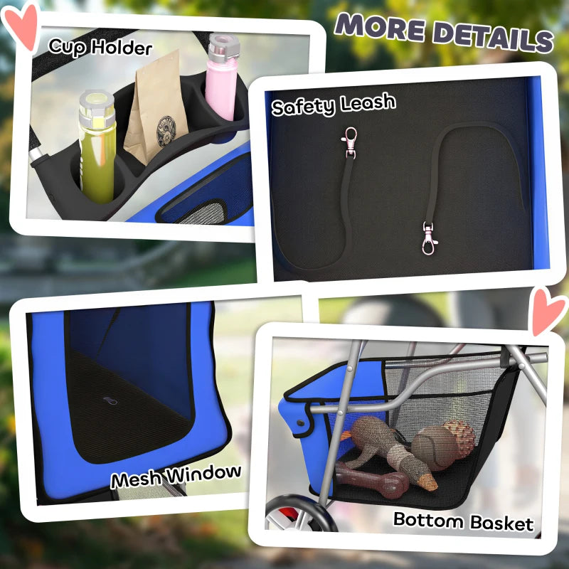 Blue pet stroller with cup holder, safety leash, mesh window, and bottom basket