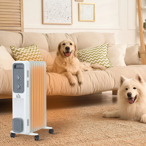 White oil-filled radiator heater standing on wheels, side control panel visible.