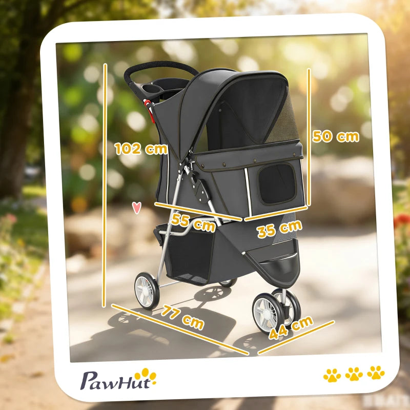 Dark grey 3-wheel pet stroller with canopy, side window and side door