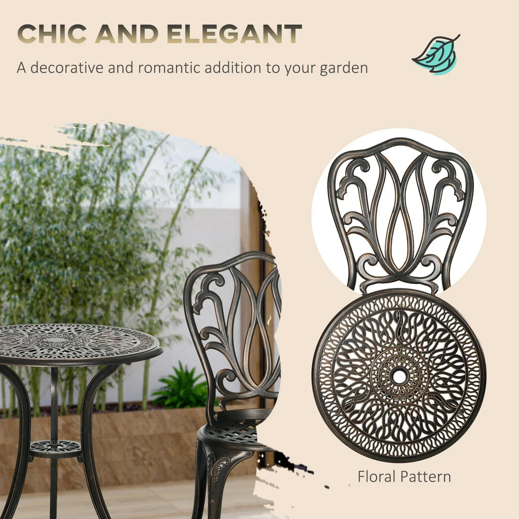 3 Piece Garden Bistro Set Aluminium Outdoor Furniture Set for 2 Patio Chairs and Table with Umbrella Hole Bronze Tone - Bobobiy