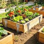 Silver steel stake brackets securing a raised garden bed with timber sides