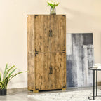 Freestanding tall cabinet with four doors, natural wood finish and black bar pulls