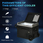Black portable fridge cooler box with open lid showing white interior storage