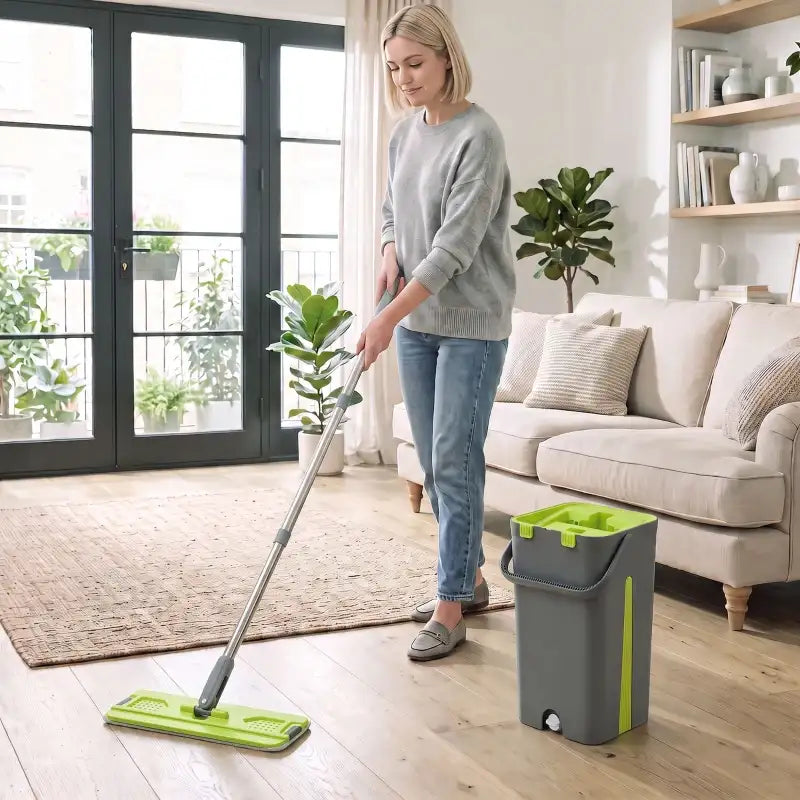 Flat mop and bucket set with green mop pad, grey handle pole, and dark grey bin