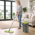 Flat mop and bucket set with green mop pad, grey handle pole, and dark grey bin