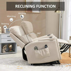 Beige electric recliner chair with recline function and built-in massage controls