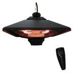Black hanging patio ceiling heater with halogen infrared glow and black housing