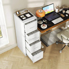 White filing cabinet with open drawers showing metal rails and pull handles