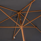 Dark grey parasol underside with wooden cross ribs and central tilt/lock