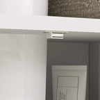 White under-sink cabinet interior with shelf beneath an open door area