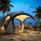 Cream and dark-blue gazebo tent with twin arch entrances