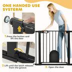 Black pet gate latch with one-handed press and lift action for opening