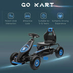 Kids pedal go kart with blue steering wheel center and black adjustable seat