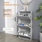 Grey shoe flip drawer storage cabinet open, showing compartments for multiple shoes