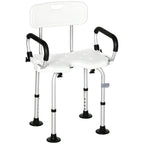 White height-adjustable shower chair with backrest and padded flip-up arms