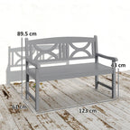 Grey wooden 2-seater loveseat bench, side view with armrests and slatted seat