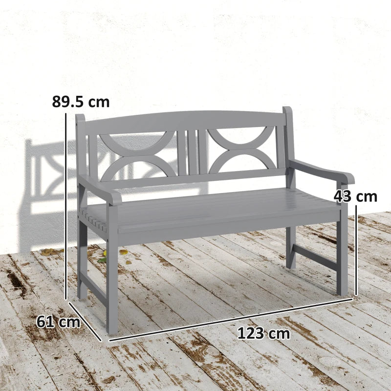 Grey wooden 2-seater loveseat bench, side view with armrests and slatted seat