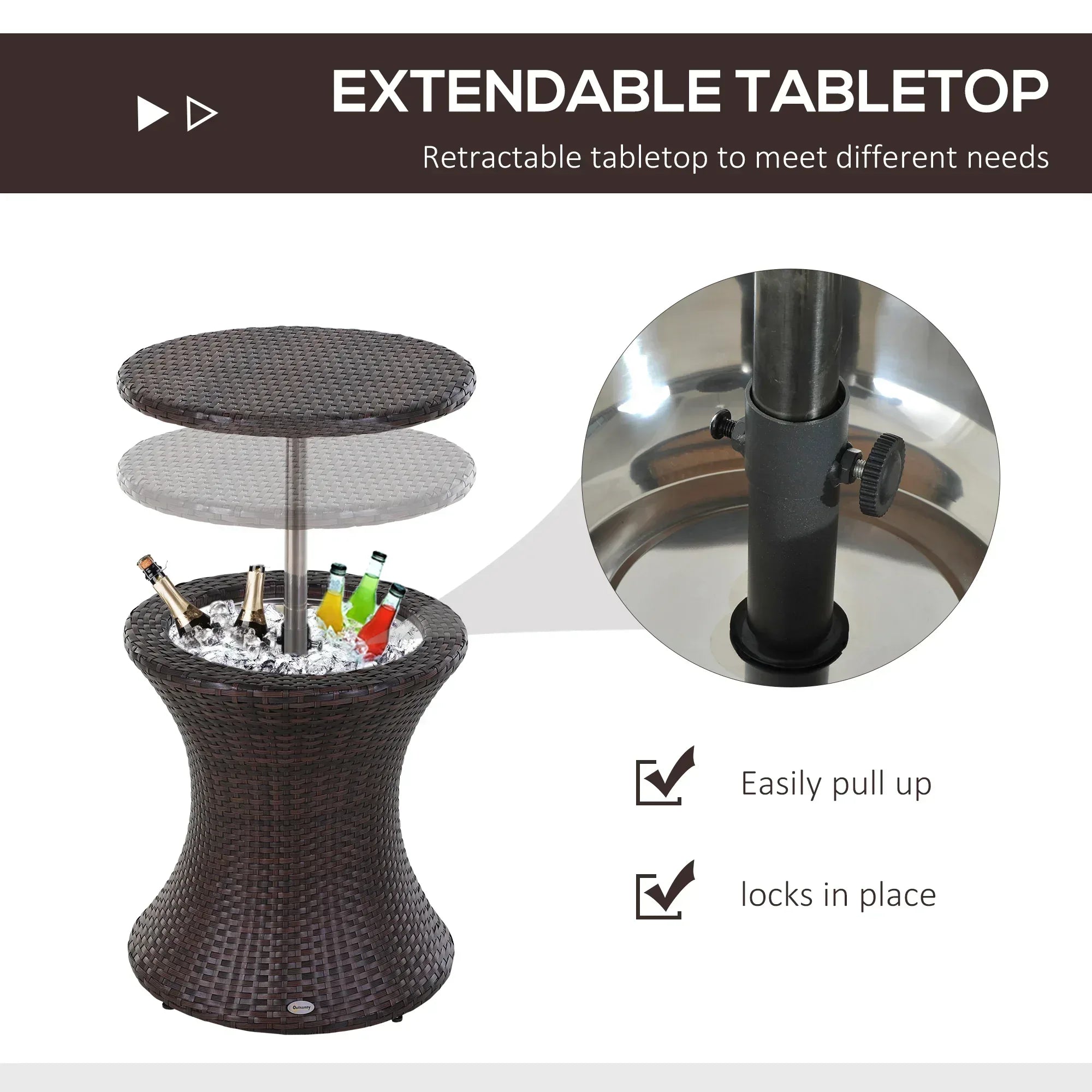 PE Rattan Ice Bucket Table, Height Adjustable Liftable Outdoor Drinks Cooler, 52 cm Round Garden Beer Cocktail Table with Lid for Bar, Patio, Terrace, Brown - Bobobiy