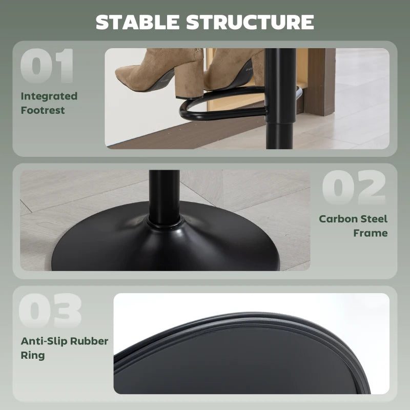 Green bar stool with integrated footrest and anti-slip base ring on pedestal