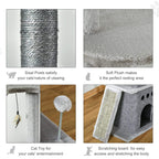 Light grey cat tree material close-ups: sisal posts, soft plush beds, and scratching board